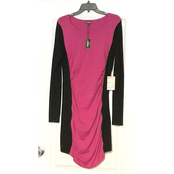 Express Women's Color Block Ruched Sweater Dess, Size L, Pink/Black NWT - Picture 1 of 5